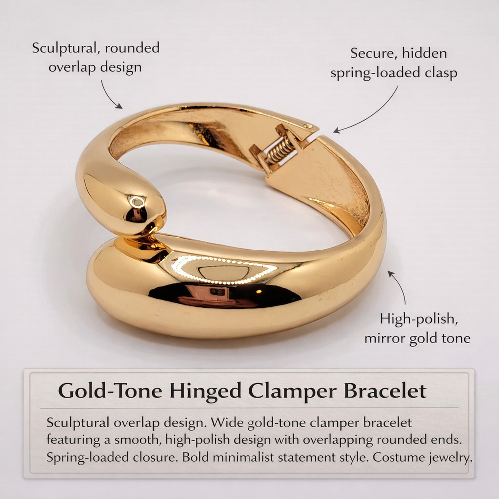 10K Gold Plated Hinged Clamper Bracelet Sculptural Overlap Design